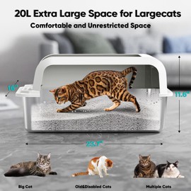 Furkid Stainless Steel Cat Litter Box with Lid, XL Large Litter Box for Big Cats, Enclosed Kitty Litter Pan with High Sides, Anti-Leakage&Non-Stick, Easy to Clean, Included Scoop, Aisle and Mat White