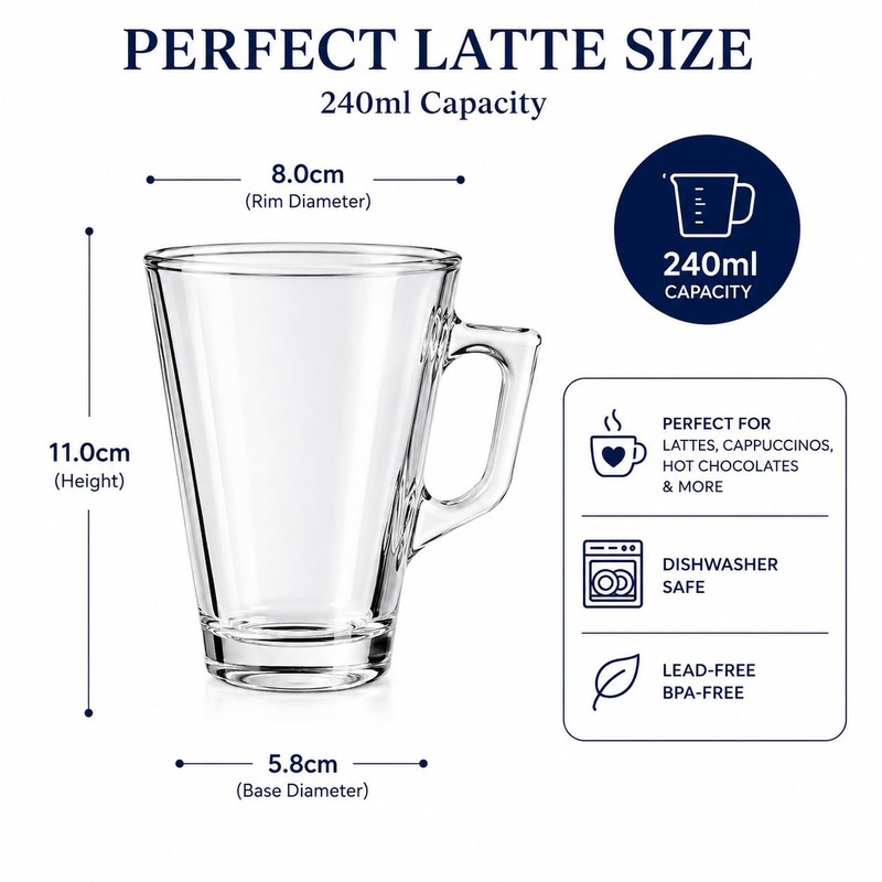 XORX 2 Pack Latte Glass Cups 240ml with Handles