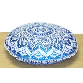 CRAFT KALA 32" Large Round Bohemian Floor Pillow Cover Boho Pouf Cover Mandala Meditation Room Pillows Cover Adults Seating Poufs Cushion Cover for Kids Reading Playroom Blue Ombre
