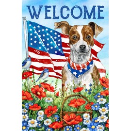 Texupday Welcome Patriotic Dog Colorful Floral Decoration Spring Summer Memorial Day Garden Flag USA Independence Day July 4th Outdoor Yard Banner 12" x 18"