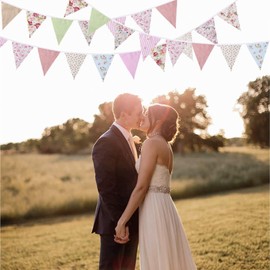 40Ft Fabric Bunting, 84Pcs Outdoor Bunting Banner,Floral Vintage Cotton Triple-Cornered Flag for Garden Birthday