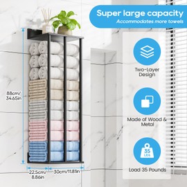 WeGXY Towel Racks for Bathroom Wall Mounted with Wooden Storage Shelf, Updated 3 Bar Metal Towel Holder for Rolled Towels, Sturdy and Large Capacity, Towel Storage Organizer-Black
