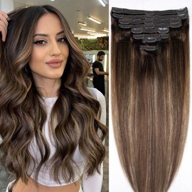 Pobokix Straight Clip In Hair Extensions Real Human Hair 8Pcs Clip In Balayage Chocolate Brown to Caramel Blonde Human Hair Extensions with 18Clips Lace Weft 120g 20inch