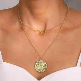 Cybche Boho Layered Coin Pendant Necklace Gold Large Disc Necklace Hammered Coin Necklace Coin Locket Necklace O Ring Collar Necklace Jewellery for Women, Zinc, No Gemstone