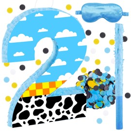 16 Inch Number 2 White Cloud Pinata with 16 Inch Piñata Stick Blindfold Confetti for Boy Girl Kids 2nd Birthday Party Decorations(2nd)