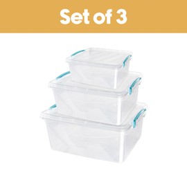 JVL Plastic Clip Lidded Food Storage Box, Stackable & Nestable, Set of 3, 1.6L, 3L, 5L