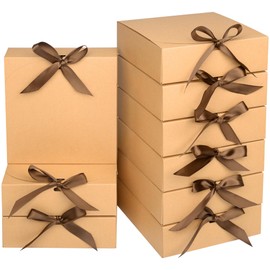 AWCIGG® Pack of 12 Kraft Paper Gift Boxes, 16 x 16 x 5 cm, Gift Boxes with Lids and Ribbons for Holidays, Christmas, Weddings, Birthdays, Gift Wrapping (Brown)