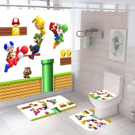 Mario Bathroom 4 Pieces Set Shower Curtain, Toilet Lid Cover and Bath Mat, Non-Slip Rugs, Durable and Waterproof, for Bathroom Decor Set, 72" x 72"