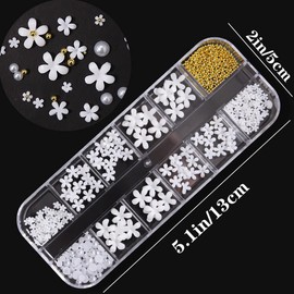 Forwind 250Pcs 3D Nail Flowers with Beads,Five Petal White Flower Nail Decal with Gold Silver Nail Beads,Flat Back Nails Decoration Accessories for DIY Art Nail Design Jewelry Making(All White)