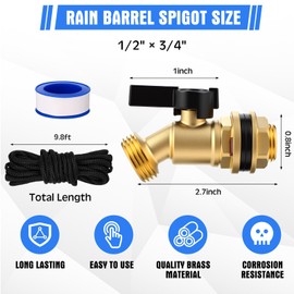 JaGely 3 Sets Brass Rain Barrel Spigot Kit 1/2" Inlet to 3/4" Quarter Turn Ball Valve with Bulkhead Fitting, Brass Bulkhead Faucet Kit with Thread Tape and 9.8ft Traction Rope for Water Tanks, Pools