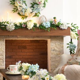 Valery Madelyn 9FT Spring Hydrangeas Garland with Lights for Mantle, Blue White Summer Floral Daisy Garland with Eucalyptus Leaves Butterfly for Home Table Centrepiece Stairs Wedding Party Decorations