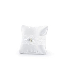 White ring Cushion 16 x 16 CM with Roses Bow Lace Satin Wedding ring bearer Wedding ring Cushion pillow PKWM1