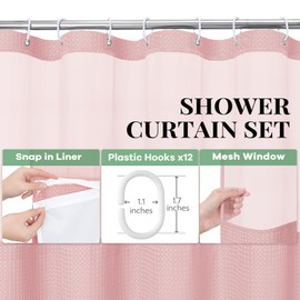 Dynamene 78 Inch Long Shower Curtain, Tall Waffle Fabric Shower Curtains for Bathroom, Hotel Waterproof Cloth Shower Curtain Liner Set with Hooks, Snap in Liner, Mesh Top Window, Pink, 72x78
