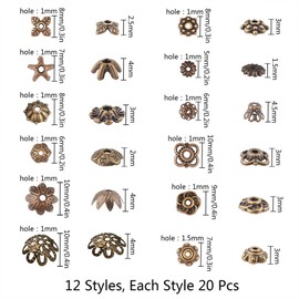 SUNNYCLUE 240 Pcs 12 Types Bead Caps Flower Seat Washers Beads Antique Gold Copper Color Alloy Beads Caps Flower Shape Chrysanthemum Hollow Cap Watermark Parts Spacer Beads Flower Charms Accessories