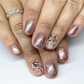 RUOKEXIN Fall Press-on Nails - Short, Square, Pink False Nails with Glitter Designs - 24 Pcs