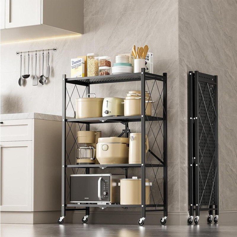 4-Tier Foldable Metal Storage Shelf with Wheels, 28.15" W x