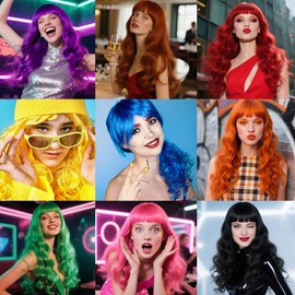 PLULON Hot Pink Long Curly Hair Wig with Heart Sunglasses and Hair Cap for Women Men, Long Wavy Wigs Synthetic Colored Funny Cosplay Hairpieces for Daily Bachelorette Halloween Costume Party