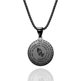 RINTOLER Bible Verse Serenity Prayer Necklace Christian Jewelry Stainless Steel Coin Medal Our Father Lord's Prayer Necklace Prayer Hands Coin Medal Pendant with 24in Rope Chain (Bible Pendant - Black)
