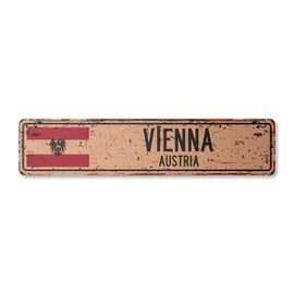 Vienna Austria Vintage Aluminum Street Sign Austrian Flag City Country Road Rustic Metal tin Wall Gift | Indoor/Outdoor | 18" Wide