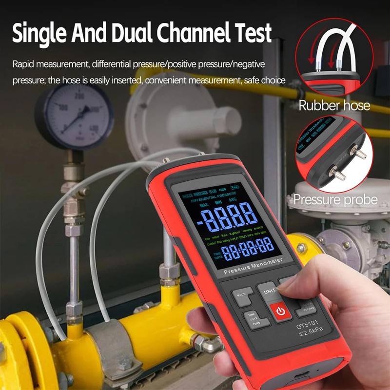 Handheld Digital Manometer, HVAC Manometer Gas Pressure Tester with LCD
