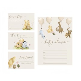 DAYIMG 20 Guests Winnie Baby Shower Invitations Pooh Invitation Bundle Pack Vintage Invitation with Envelopes For Boys Girls 1 St Birthday Include Diaper Raffle Card Book Request Thank you Cards