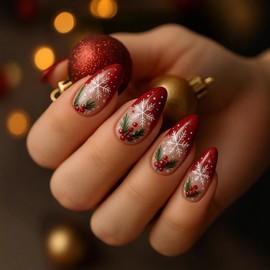 24Pcs Christmas Press on Nails Short Almond QUNQINLI Red French Fake Nails Press ons with Fruit Snowflakes Design Nude False Nails Full Cover Glossy Glue on Nails Acrylic Nail Kit for Women