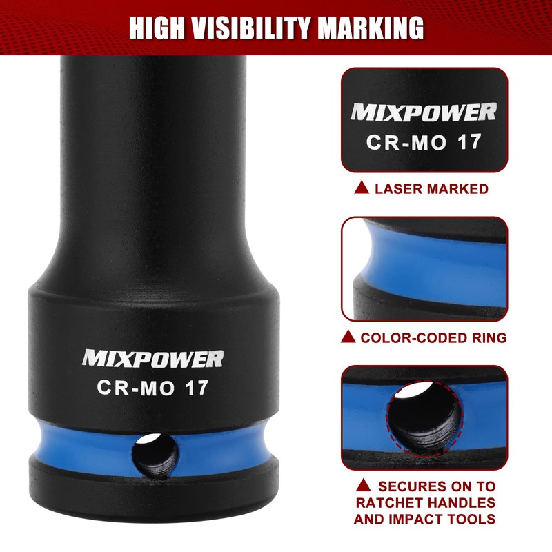 MIXPOWER 3 PCS 1/2" Drive Lug Nut Impact Socket Set,
