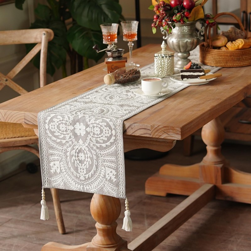 Artbloss Embroidered Table Runner Boho Farmhouse Dresser Scarf Macrame Rustic