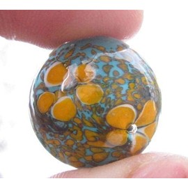 Big Game Toys~22mm (7/8") Cosmos Hand Made Art Glass Marble w/Stand Blue/Gold Flower Swirl Home Decor/Vase Filler/Aquarium