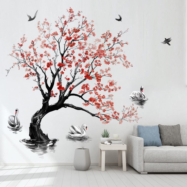 decalmile Wall Stickers Large Flower Tree Swan Cherry Blossom Wall Sticker for Bedroom Living Room Office (H:140 cm)