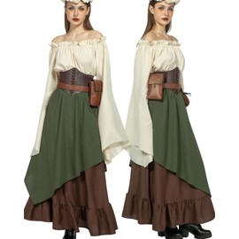 kasahara 5 Pieces Medieval Clothing Women's Set, Retro Off Shoulder Blouse Dress Renaissance Costume Victorian Clothing Maxi Dressm with Corset, Belt Bag, Belt, Carnival Fancy Dress Costume (Green, M)