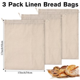 Nitial 3 Pack Linen Bread Bags for Homemade Bread, 17 x 13 Sourdough Bags with Inner Lining Drawstring Reusable Natural Large Storage for Farmhouse Bakers, House Warming Gift