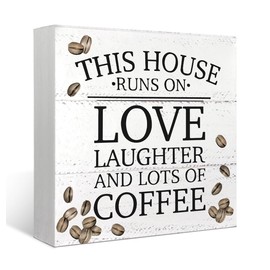 Mtrgdn Rustic Coffee Wood Box Sign - This House Runs on Love Laughter and Lots of Coffee - Wall Art - Wooden Sign - Home, Kitchen, Office Decor