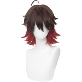 Gaming Cosplay Wig for Genshin Impact, Red mix Black Short Hair Wig Anime Straight Hair Costume Wig with Bangs