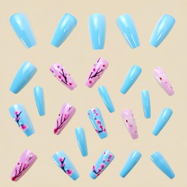 Spring Press on Nails Medium Coffin Fake Nails with Flower Designs Blue Nails Press ons Glossy Glue on Nails Pink Acrylic Nails Full Cover False Nails Summer Stick on Nails for Women 24Pcs