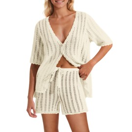 Saodimallsu Women Crochet 2 Piece Swimsuit Cover Up Short Sleeve Knit Tops Shorts Sets Summer Beach Vacation Outfit Beige