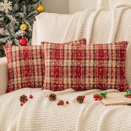 Pack of 2 Christmas Plaid Decorative Throw Pillow Covers Snowflake Tartan Scottish Cushion Cover for Sofa Couch Farmhouse Holiday Decor Red and Yellow, 12x20 Inch