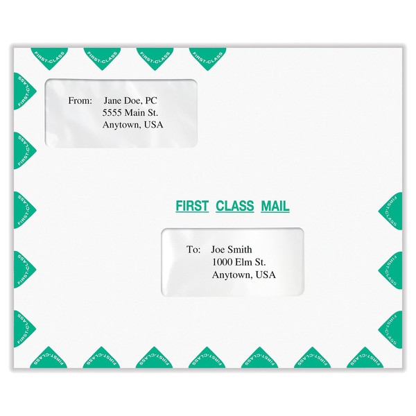 First Class Double Window Envelope | Tax Mailer, Landscape, White/Green,