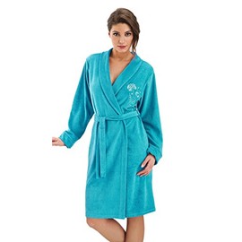 DOROTA Cuddly and modern cotton bathrobe with pockets and tie band / hood, various models, turquoise embroidery