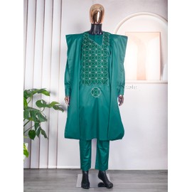 HD Nigerian Mens Clothes Wedding Attire Green Agbada Boubou Set Embroidery African Suit for Man 3XL
