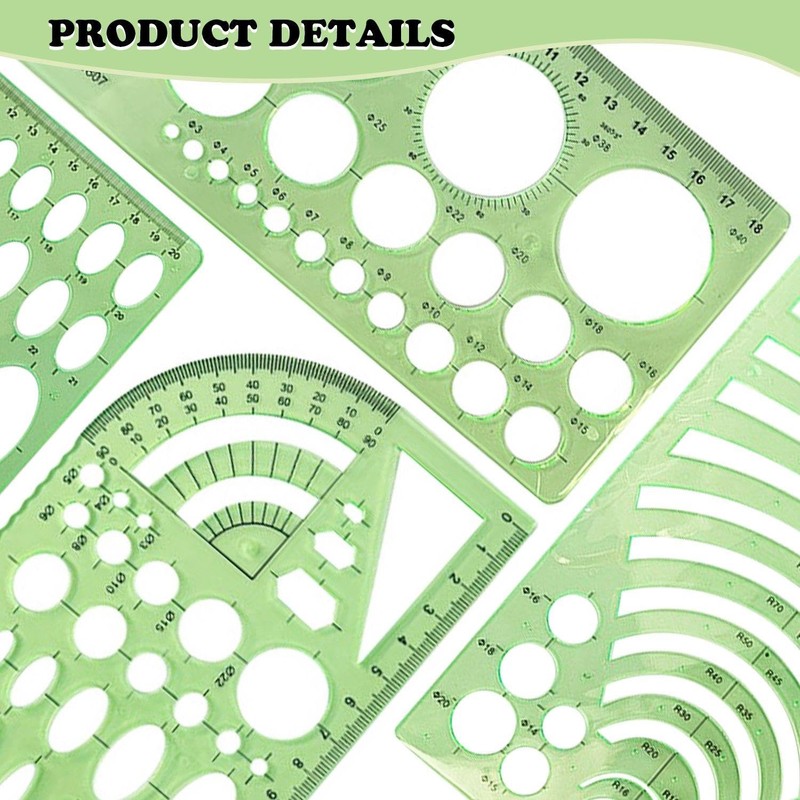 6 Pieces Green Geometric Rulers, Drawing Aids, Measuring Tools, Plastic