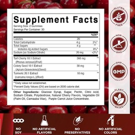 Vitamatic Cereza ácida (360 mg) con semilla de apio (30 mg) Extracto 10:1 y extracto de cúrcuma 20:1 (10 mg) - (Por porción/2 gomitas) - 60 gomitas (p