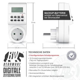 Digital Timer Weekly Digital Timer - Accurate to the Minute - LCD Display - 3680W - 8 Configurable Switching Programmes Weekly Day and Minute Program - Random Switching - IP20