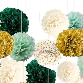 Paper Tissue Pom Poms Green Gradient Gold Dot White Hanging Tissue Flowers Poms Decorations Pack of 12 for Wedding, Birthday, Baby Shower ，Party Backdrop Decor ect. (12", 10", 8" Tissue Paper Flowers)