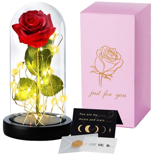 TWBEST Beauty and the Beast Rose, Eternal Rose in Glass with LED Light, Everlasting Real Rose Gifts and 1 Valentine's Day Card, Personalised Gifts for Women, Valentine's Day, Mother's Day, Wedding