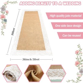 FUYITE Burlap Aisle Runner for Wedding Ceremony, 3ft x 30ft Natural Burlap Wedding Aisle Runner with Lace, Jute Vintage Seamless Rustic Charm Wedding Runner Aisle Outdoor, Jute