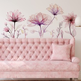 WOHAHA Pink Flower Wall Sticker, Stylish, Large, Sofa Background, Wall Sticker, Painting Style, Wall Sticker, Removable, Floral Decorative Paper, Waterproof, Living Room, Bedroom, Entryway, Wall