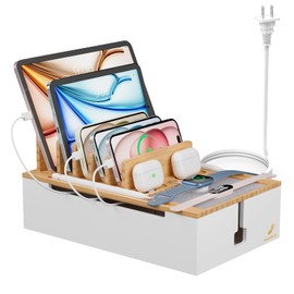 Pezin & Hulin Bamboo Charging Station for Multiple Devices, USB Charger Dock Organizer, with Power Supply (10 Ports HUB), 6 Cables, Cable Management Organizer for Cell Phones, Tablets -Natural+White