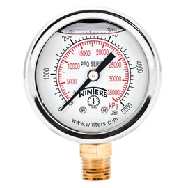 Winters 2" Dial Size, Liquid Filled Industrial Pressure Gauge, Brass Internals, 304 Stainless Steel Case, Dual Scale 0-5,000 psi/kPa, 2.5% Acc, 1/4" NPT Bottom Mount, Glycerin Filled Pressure Gauge