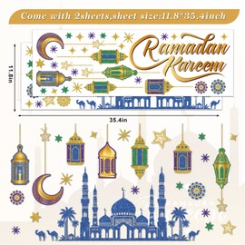 JarThenaAMCS Ramadan Kareem Wall Stickers 11.8 x 35.4 Inch Eid Mubarak Wall Stickers Peel and Stick Large Room Mural Decals for Muslim Party Home Room Decor,2 Rolls